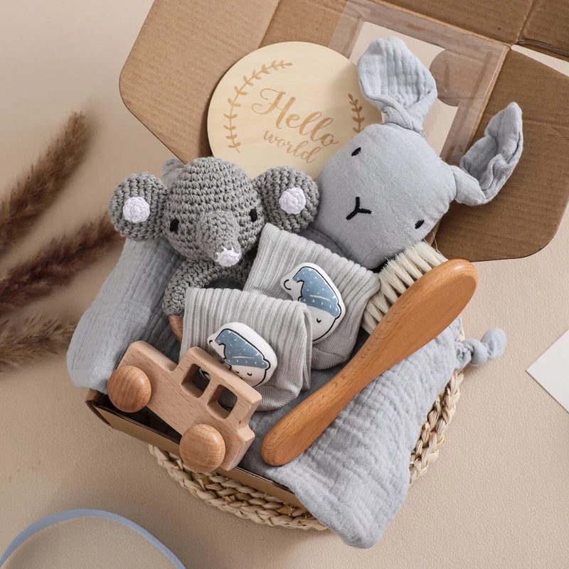 Couverture bébé double face en coton & Coffret cadeau de bain nouveau-né 7 pièces