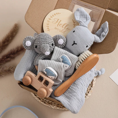 Couverture bébé double face en coton & Coffret cadeau de bain nouveau-né 7 pièces