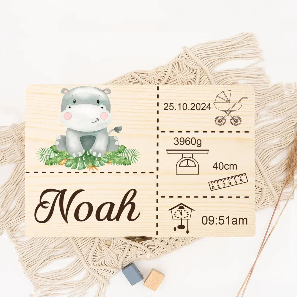 Boîte à Souvenirs Personnalisée Safari Animal pour Bébé – Cadeau en Bois pour Nouveau-né