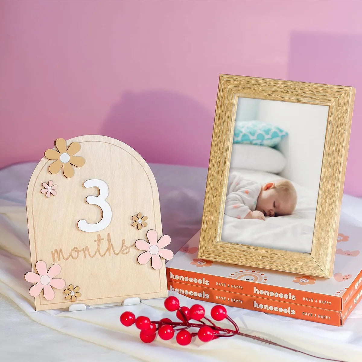Cartes Étapes Mensuelles en Bois pour Bébé – Accessoires Photo Floraux Recto-Verso