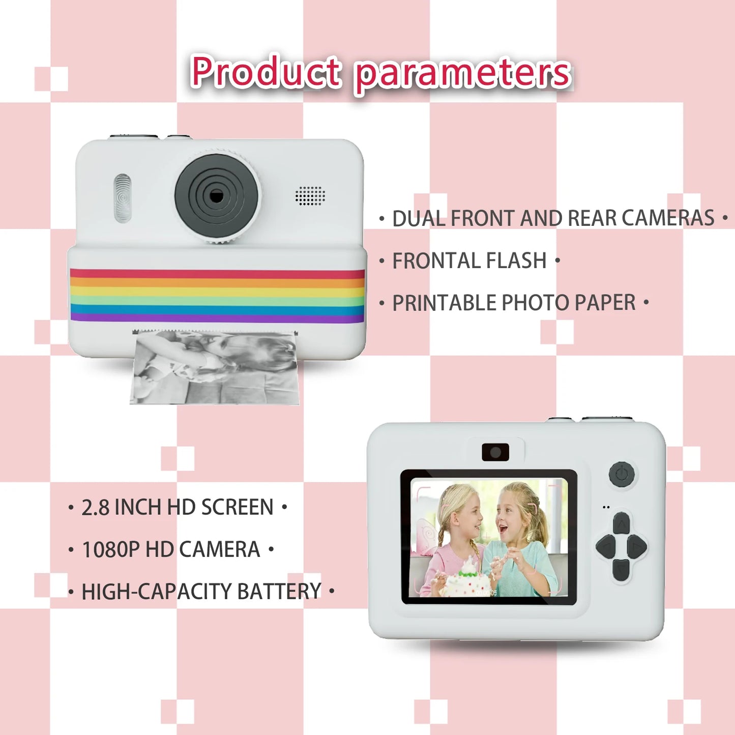 Appareil photo instantané pour enfants – Écran HD 2,8", impression thermique photo et vidéo