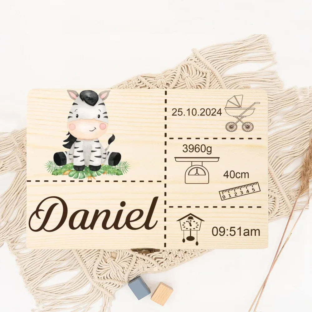 Boîte à Souvenirs Personnalisée Safari Animal pour Bébé – Cadeau en Bois pour Nouveau-né