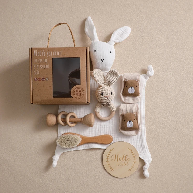 Couverture bébé double face en coton & Coffret cadeau de bain nouveau-né 7 pièces
