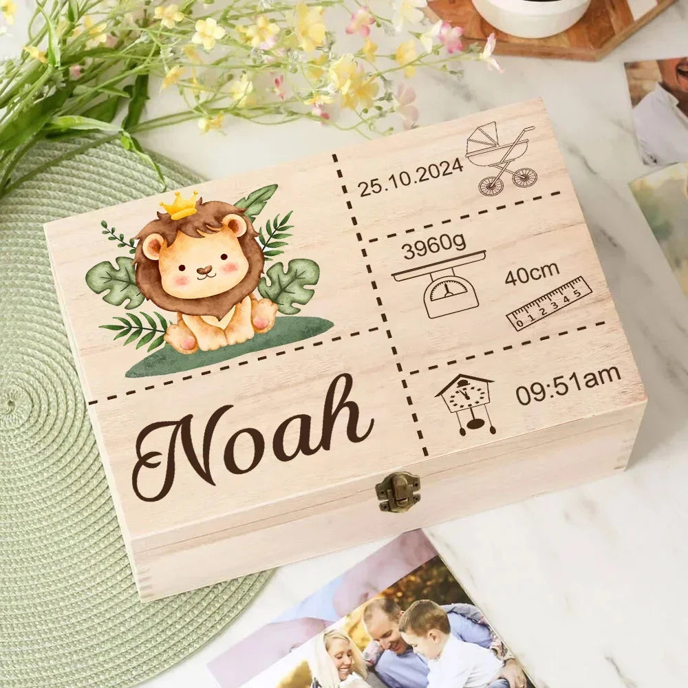 Boîte à Souvenirs Personnalisée Safari Animal pour Bébé – Cadeau en Bois pour Nouveau-né