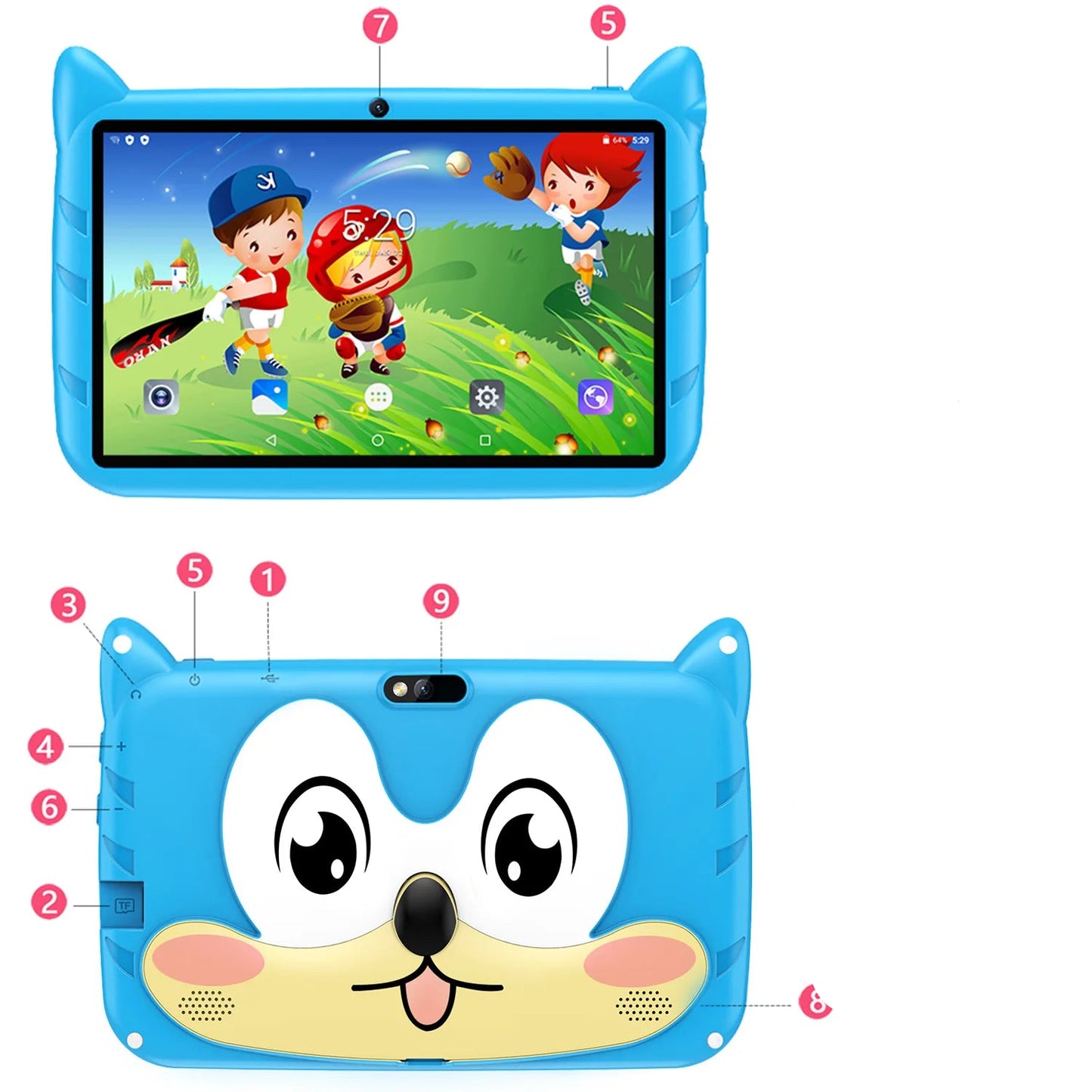 Tablette enfant BDF 7" Android 13 – 4 Go + 64 Go, double appareil photo, WiFi, contrôle parental