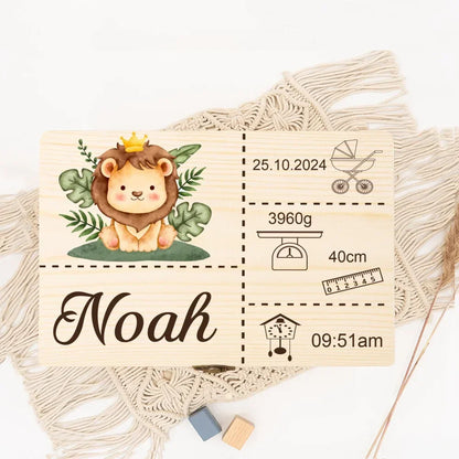 Boîte à Souvenirs Personnalisée Safari Animal pour Bébé – Cadeau en Bois pour Nouveau-né