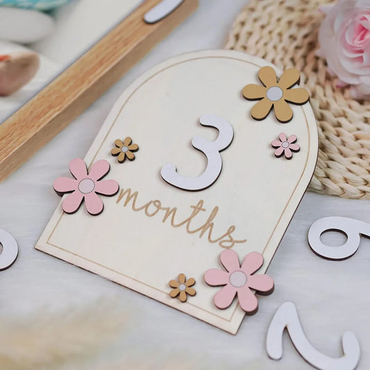 Cartes Étapes Mensuelles en Bois pour Bébé – Accessoires Photo Floraux Recto-Verso