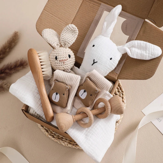 Couverture bébé double face en coton & Coffret cadeau de bain nouveau-né 7 pièces