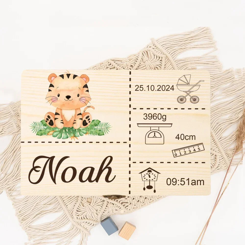 Boîte à Souvenirs Personnalisée Safari Animal pour Bébé – Cadeau en Bois pour Nouveau-né