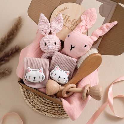 Couverture bébé double face en coton & Coffret cadeau de bain nouveau-né 7 pièces
