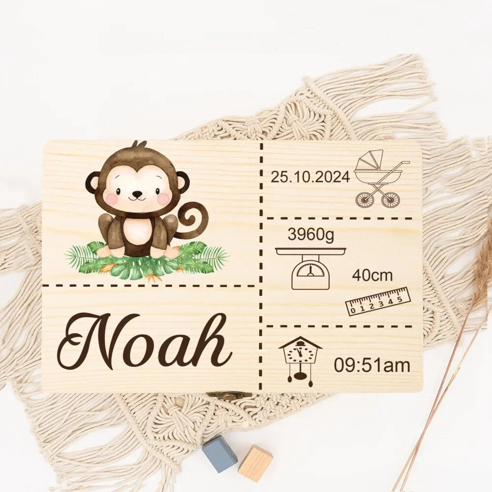 Boîte à Souvenirs Personnalisée Safari Animal pour Bébé – Cadeau en Bois pour Nouveau-né