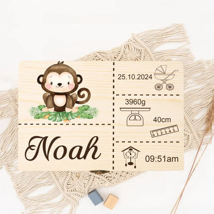 Boîte à Souvenirs Personnalisée Safari Animal pour Bébé – Cadeau en Bois pour Nouveau-né