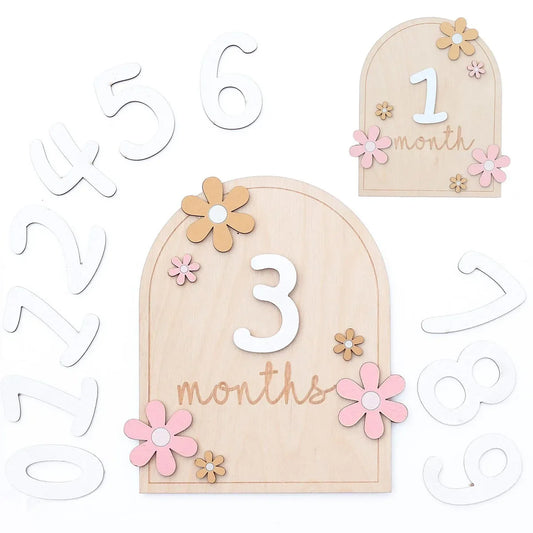 Cartes Étapes Mensuelles en Bois pour Bébé – Accessoires Photo Floraux Recto-Verso