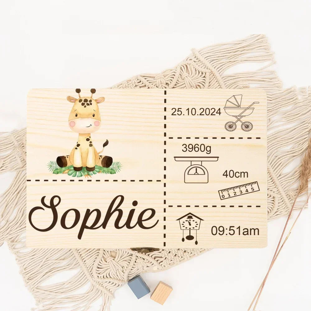 Boîte à Souvenirs Personnalisée Safari Animal pour Bébé – Cadeau en Bois pour Nouveau-né